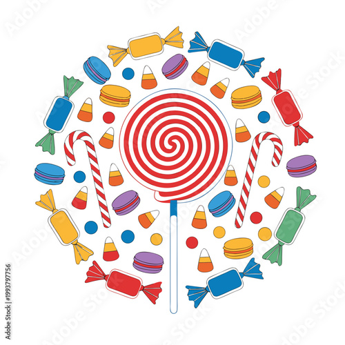 Large lollipop surrounded by various candies colorful sweet treats vector