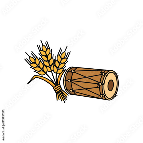 A traditional Indian drum and a bundle of golden wheat grains on a white background