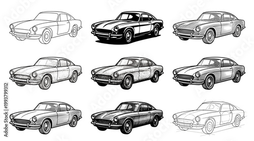 Classic car sketch collection automotive art digital illustration creative studio artistic perspective