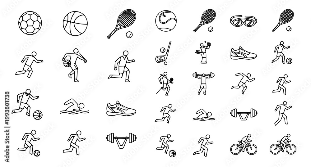 Fototapeta premium Set of black linear sports icons featuring balls and athletic activities for fitness and active lifestyle mobile application design and sports website navigation elements