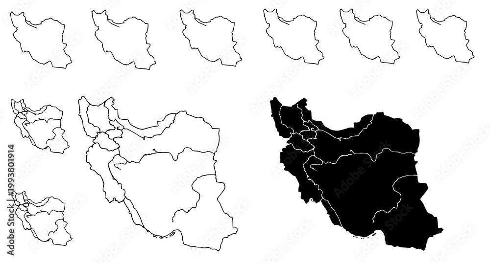 Foto Multiple Iran map icons with provincial boundaries in both outline and solid bla