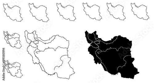 Tableau sur toile Multiple Iran map icons with provincial boundaries in both outline and solid bla