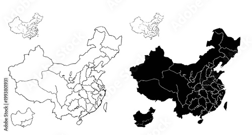 Detailed map of China with regional administrative borders in both outline and solid black silhouette styles for educational and data visualization design projects