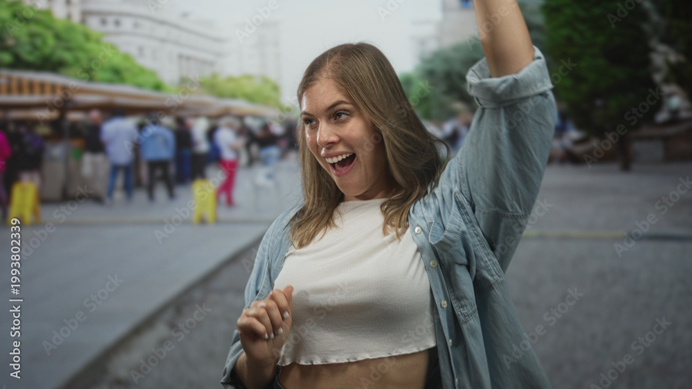 Fototapeta premium Blonde woman dancing with exposed stomach and raised arms in busy street market by souvenir stalls; happiness.