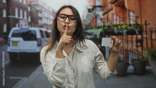 Woman wearing glasses holding creditcard with finger to lips gesture on city street in front of parked car and brick rowhouses; quiet secrecy.