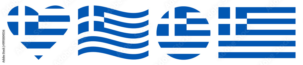 Obraz premium Flag of Greece set. Round flag of Greece in circle and heart shape isolated, waving flag isol and rectangular flag. Symbol, badge, button.