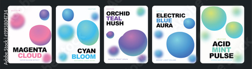 Abstract gradient poster set with 5 liquid sphere designs, colorful blurred orb backgrounds, modern aesthetic covers for branding and social media vector illustration