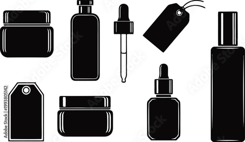 Black silhouette cosmetic product collection bottles jars and tags