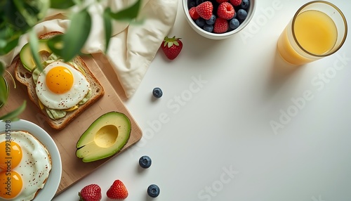 A photorealistic breakfast spread featuring eggs, avocado, and fresh berries on a clean white table