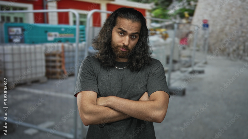 Fototapeta premium Young arab hispanic man with forearm visible and arms crossed at outdoor construction site near pallets and barriers; confidence grit.