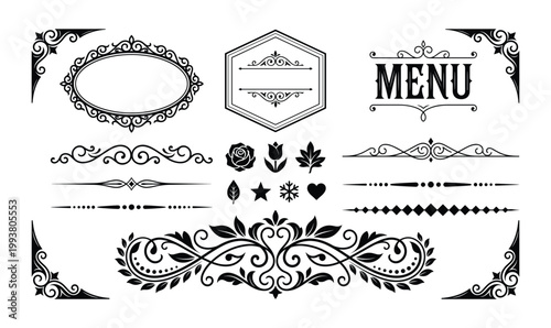 Vintage menu design elements with ornate frames, borders, and floral accents.