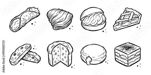 Bakery dessert and pastry sketch set. Sweet baked goods collection for patisserie, breakfast, snack, and gourmet dessert themes, vector illustration.