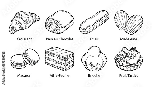 French pastry and dessert icon set. Cafe branding, patisserie menu, food packaging, culinary education, and gourmet dessert collection, vector illustration.