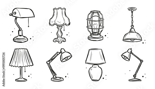 Table lamp and pendant light sketch set for interior design, furniture retail, home decor, office lighting, and decor branding. Vintage and modern lamp collection.