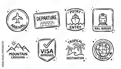 Travel visa and border control icon set for tourism, immigration, airport, transport, and international travel services. Vector illustration.