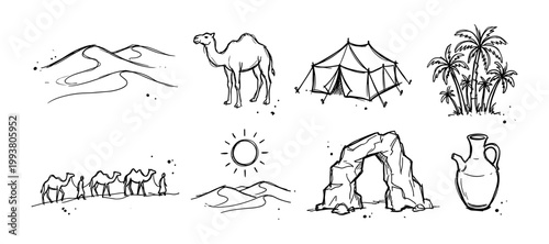 Desert travel and Arabian safari sketch set with camel, dunes, oasis, tent camp, caravan, and nomadic culture for tourism, adventure, history, and destination branding, vector illustration.