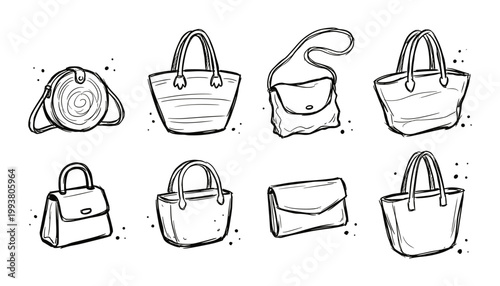 Handbag and tote bag sketch set for fashion retail, accessories branding, boutique collections, ecommerce, and women’s style themes, vector illustration.