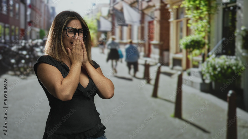 Fototapeta premium Woman covering mouth with hands on street, wearing black blouse and glasses near bollards and storefronts; shock vulnerability.