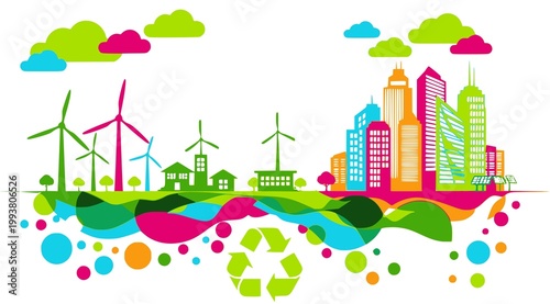 Go green colorful city. Industry sustainable development with environmental conservation background illustration. Vector. JPEG version.