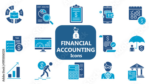 Accounting and Financial Management solid editable icon set. Payroll, Profit and Loss, E-invoicing, and Budgeting, business tax, bookkeeping, and audit services. Vector illustration