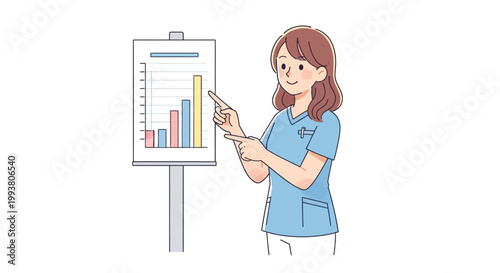 Woman presenting business data chart graph.