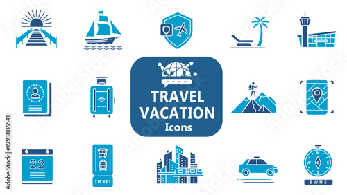 Vacation Planning and Travel solid editable icon set. Airplane, Passport, Hotel Building, Vacation Schedule, travel booking apps, tourism marketing, mountain, Ride symbols. Vector illustration