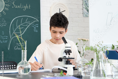 Teenage boy studying in Biology class at school