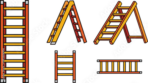 A collection of colorful ladders in various shapes and sizes for climbing and construction purposes