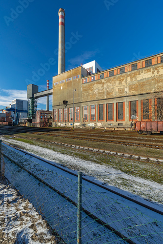 Industrial power station building with railway tracks in Zlin