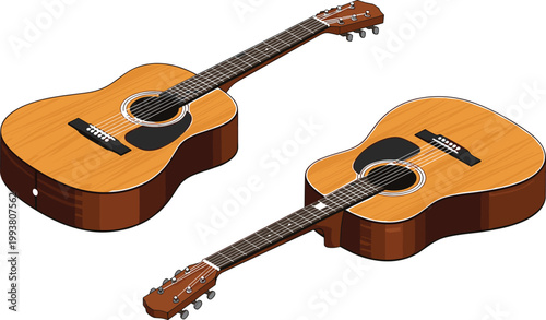 
Isometric Acoustic Guitar Pair Realistic Wooden Classical String Instrument Music Equipment 3D Style Vector Illustration Design Element