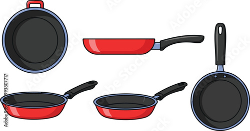A set of colorful frying pans and skillets on a white background for cooking and kitchen use