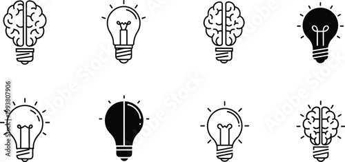Brain in light bulb icon set. Creative, generating idea, solution , knowledge, lamp