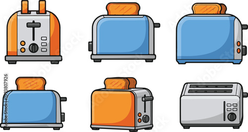 A collection of colorful cartoon toasters on a white background
