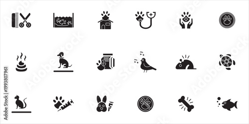 pets icon set. pet house, dog, cat, hamster, rabbit, turtle and more. simple solid vector