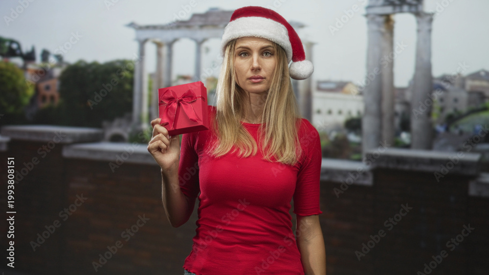 Fototapeta premium Woman holds red gift box in one hand wearing santa hat at building terrace beside ancient columns; melancholy solitude.