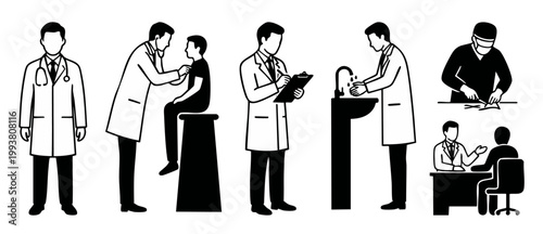 Doctor icons set, medical staff performing examination and surgery, physician character in various clinical activities, flat black and white vector illustration for healthcare design and clinical conc