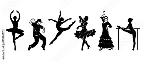 Dancer silhouettes collection set including ballet, hip hop, contemporary, flamenco, and stretching movements, isolated on white background, black vector illustration graphic for arts and performance