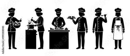 Chef silhouette icons cooking collection, professional kitchen staff working, mixing food, stirring pot, chopping vegetables, serving platter and tasting meal set isolated on white background flat vec