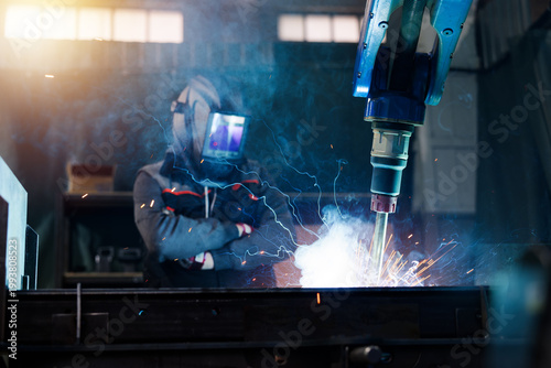 Robot welds metal part as operator supervises
