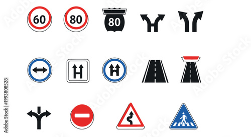Collection of various colorful road signs and traffic symbols displayed in a grid