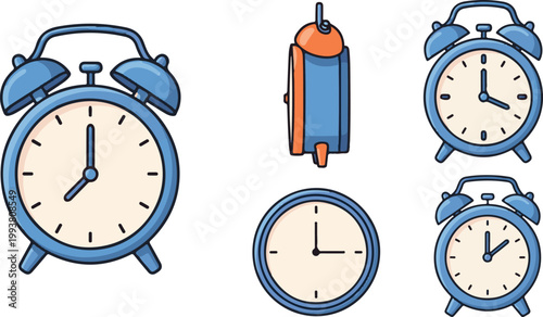 A collection of blue alarm clocks and a digital timer on a white background