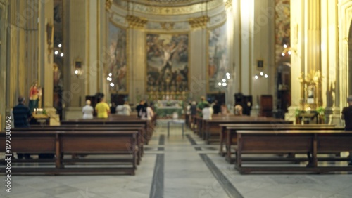 Bild auf Leinwand Interior church nave defocused backplate with pews, altar and columns rendered in soft shallow blur; background backdrop copyspace calm