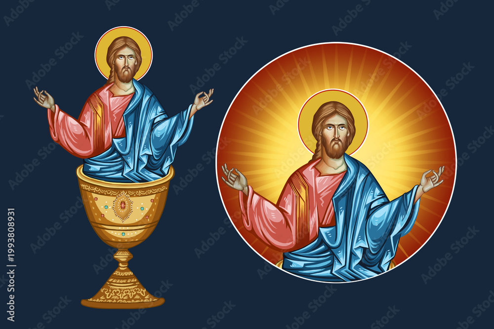 Fototapeta premium Heaven Liturgy. Jesus Christ in Holy Chalice. Illustration - fresco set in Byzantine style