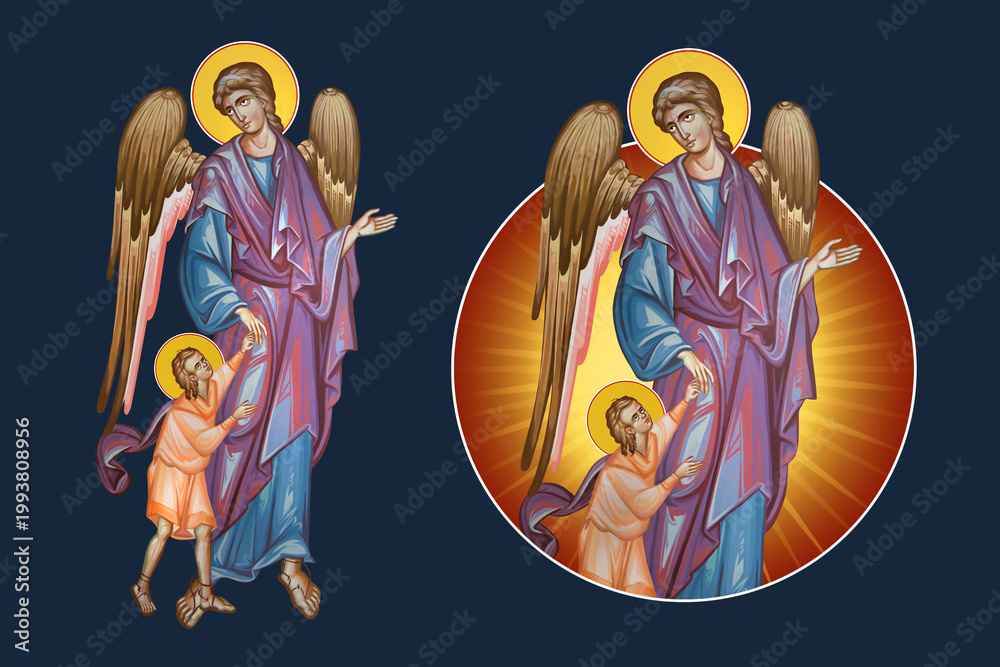 Fototapeta premium Guardian angel with a kid. Illustration - fresco set in Byzantine style