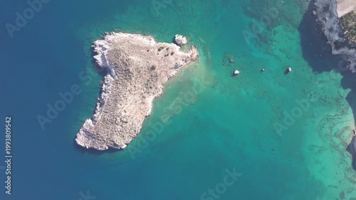 Aerial drone shot.View of famous beach in the summer, Crete, Greece. Famous beach with river and palm trees in Libyan sea. Tropical island, Panoramic view, Most beautiful beaches of Crete island
