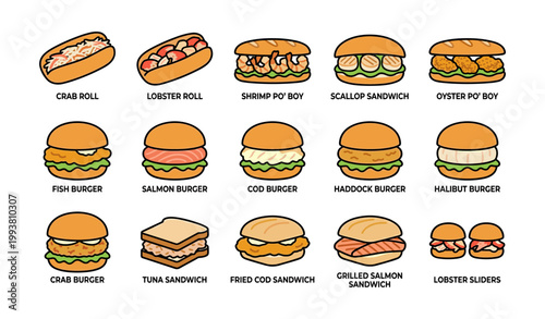 Assorted seafood sandwiches and rolls arranged on white background