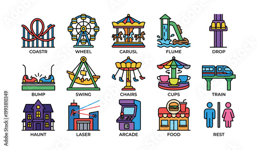 Amusement park icons showing rides and facilities on white background