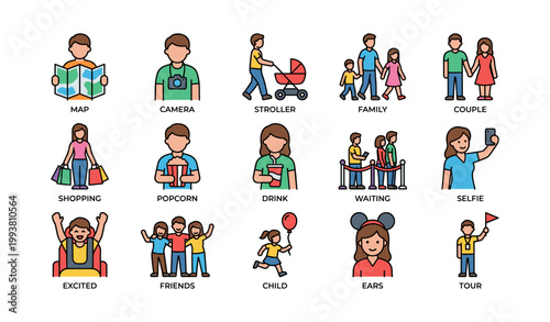 People icons depicting leisure activities on white background