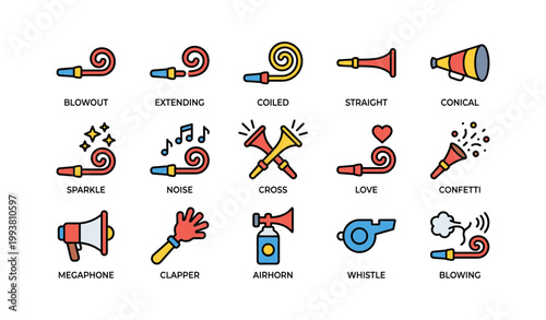 Party noisemakers arranged in labeled grid on white background