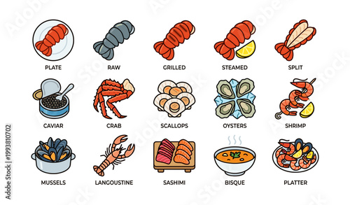 Seafood and shellfish icons grid on white background